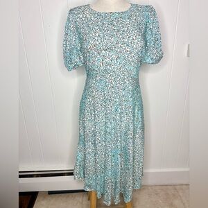 Haris Cotton Made in Greece Blue and White Viscose Dress Puff Sleeve Size Medium